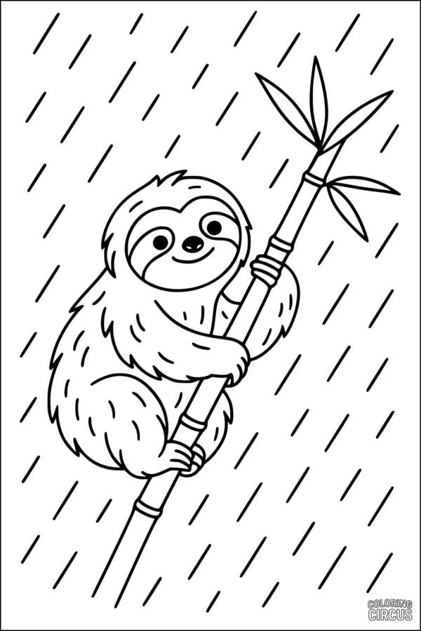 Coloring page showing a smiling sloth holding onto a bamboo branch in the rain