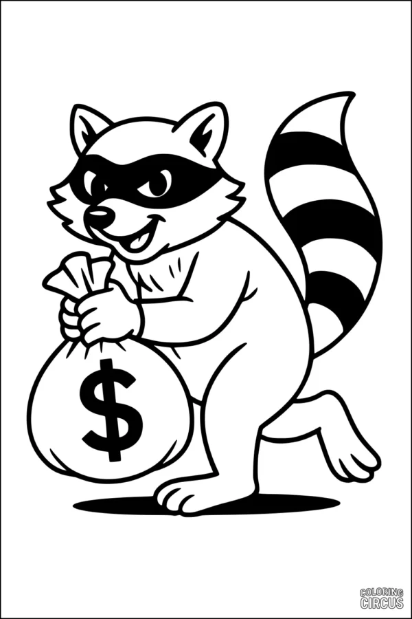 Coloring page raccoon cartoon holding money bag