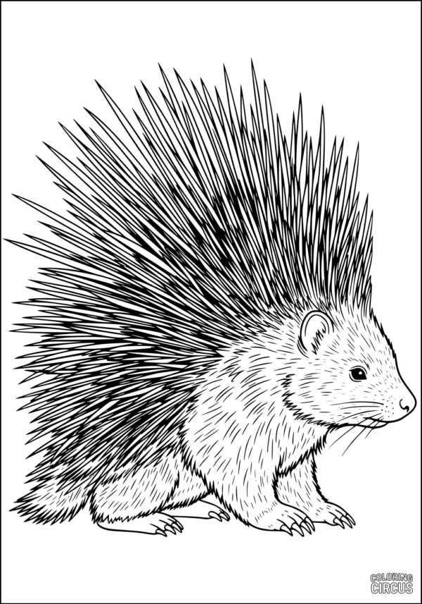Coloring page featuring a detailed porcupine with large spiky quills