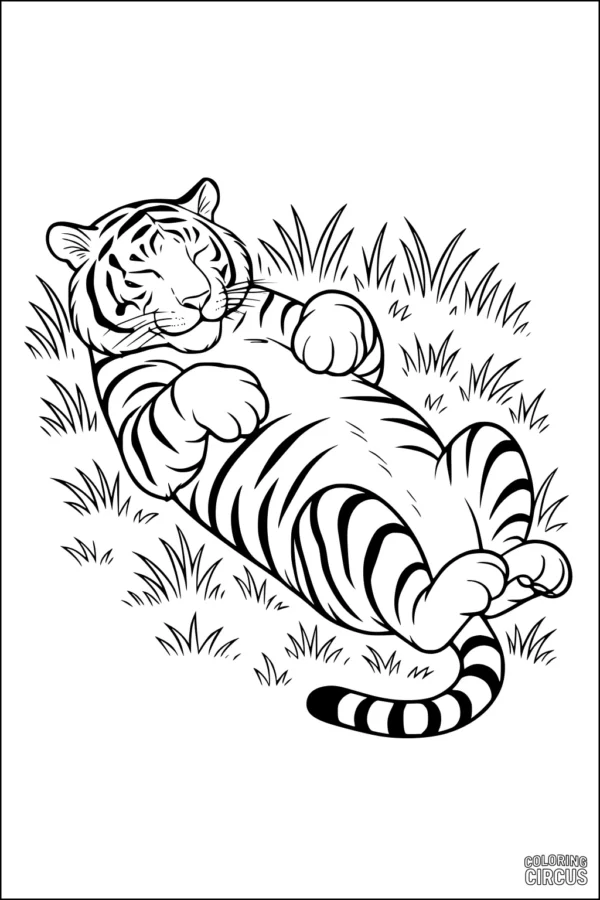 Coloring page of a happy tiger lying on its back in the grass