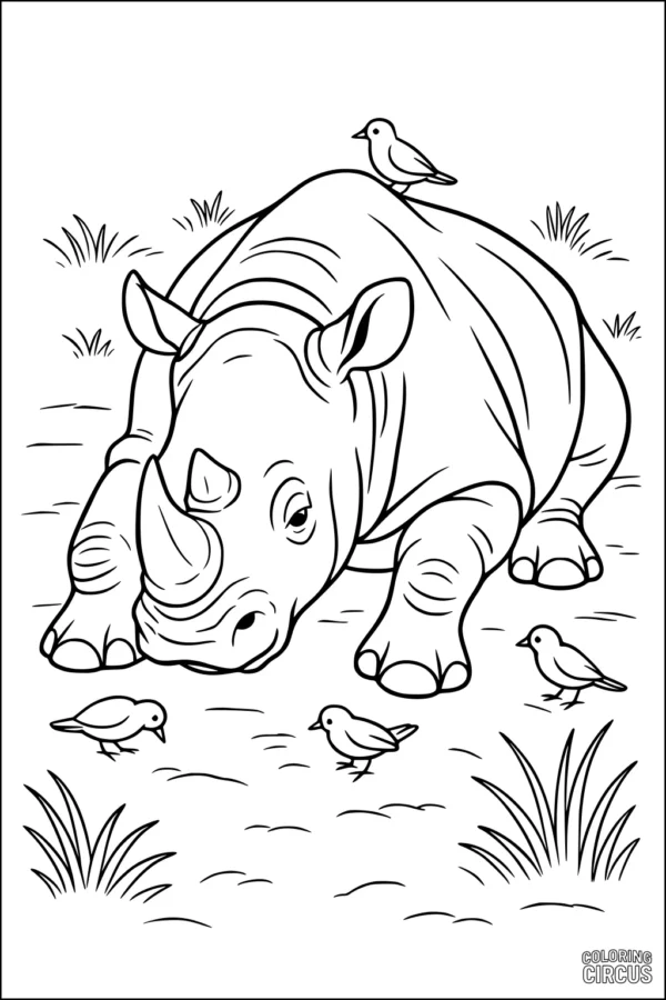 Coloring page showing a friendly rhinoceros resting among grass with four small birds nearby