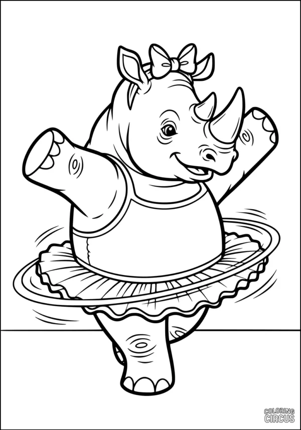 Coloring page featuring a cartoon rhinoceros in a tutu, dancing ballet