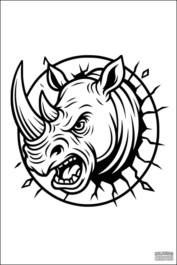 Coloring page rhinoceros head bursting through a cracked wall