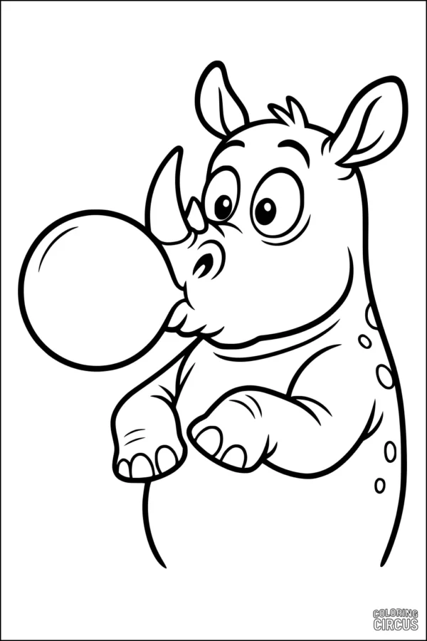 Coloring page featuring a playful rhinoceros blowing a big bubblegum bubble