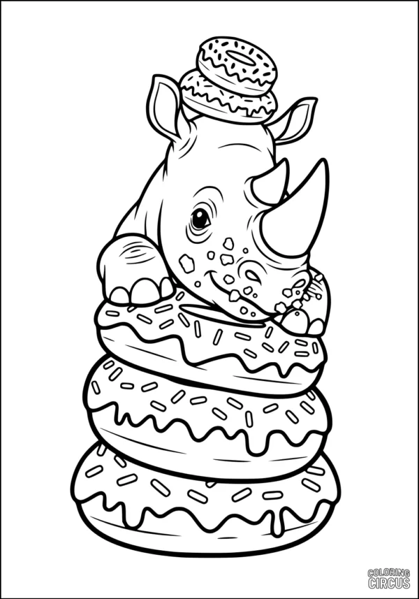 Coloring page of a cartoon rhinoceros with donuts stacked and sprinkles