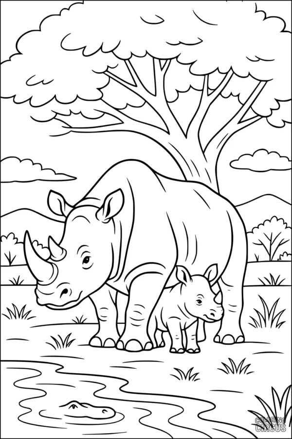 Coloring page featuring a mother rhinoceros and calf beneath a tree by a river in the savanna