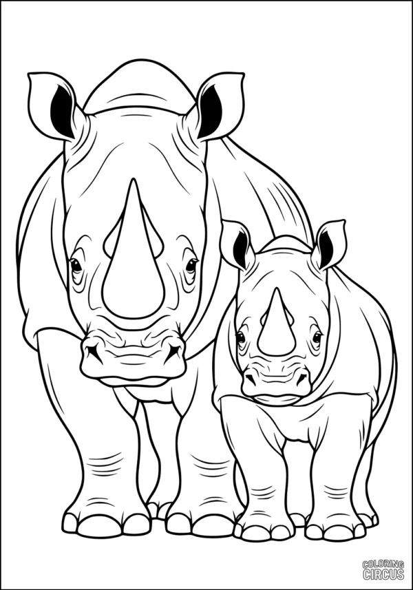Coloring page featuring a parent and baby rhinoceros standing together, ideal for kids and animal lovers.