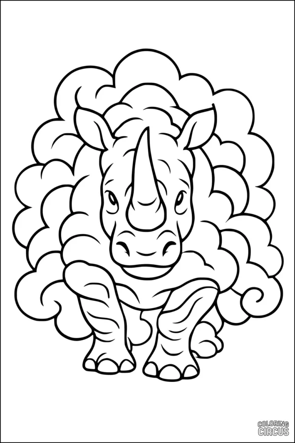Coloring page of a rhinoceros surrounded by fluffy clouds