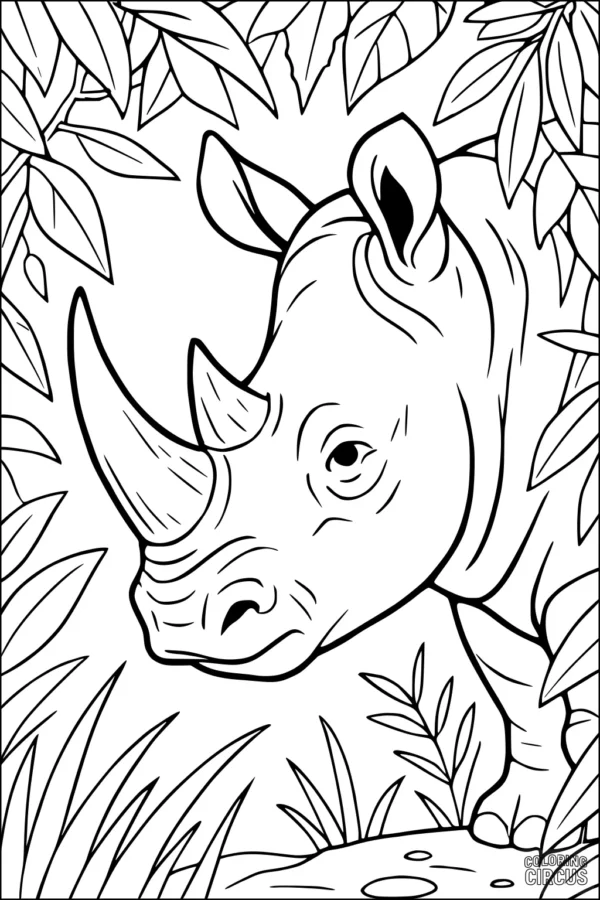 Coloring page showing a rhinoceros surrounded by jungle leaves and plants