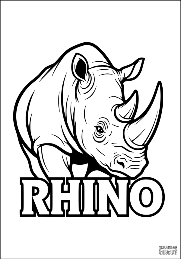 Coloring page showing a detailed rhino head with bold horn and the word rhino below