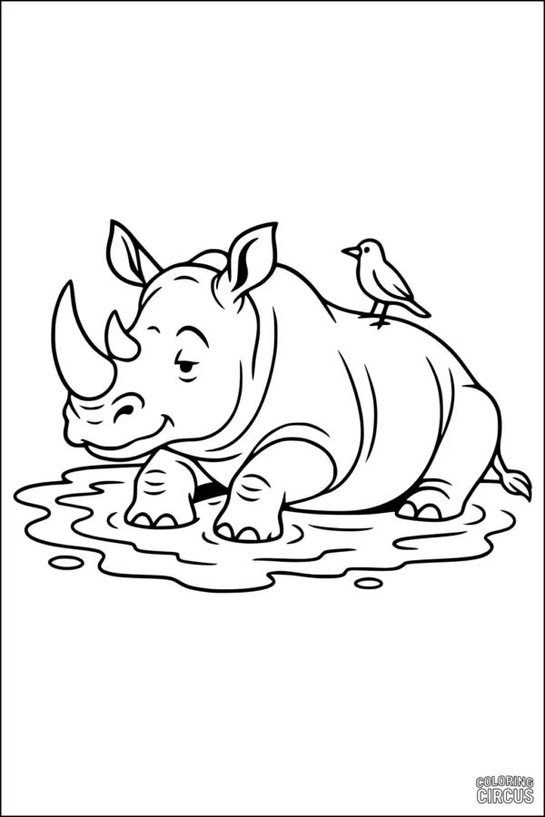 Coloring page rhinoceros sitting in mud with a bird on its back