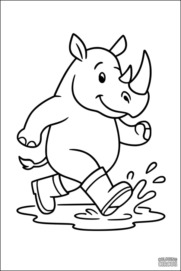 Coloring page showing a happy cartoon rhinoceros wearing boots splashing in a puddle