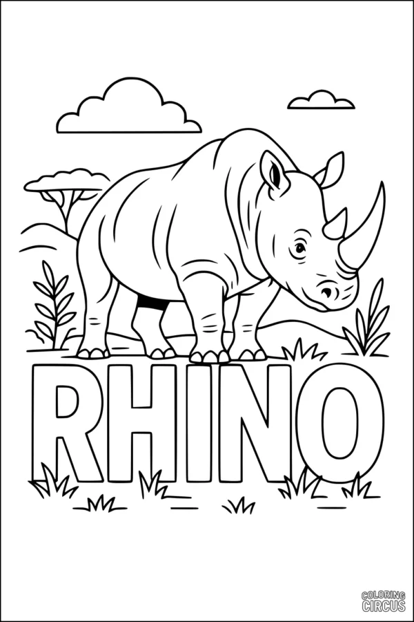 Coloring page showing a rhinoceros standing on grass with big rhino letters and savanna landscape.