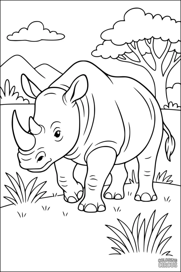Coloring page rhinoceros walking on grassy savanna with trees and mountains