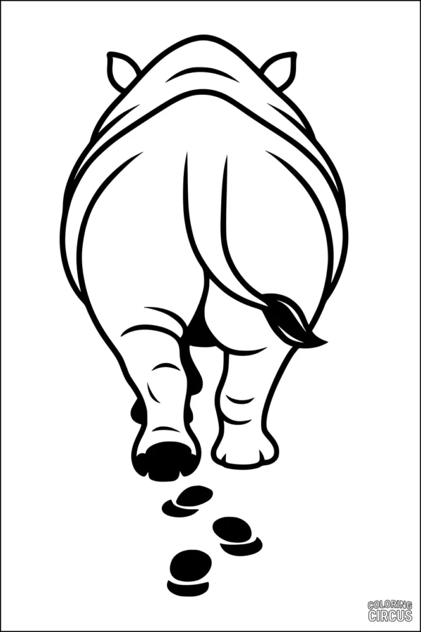 Coloring page showing a rhinoceros walking away with visible footprints