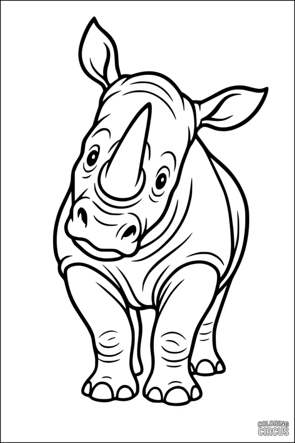 Coloring page showing a cute, cartoon-style rhinoceros standing with curious expression
