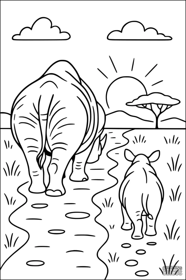 Coloring page shows two rhinoceroses walking on a savanna path at sunrise with trees and hills in the background.