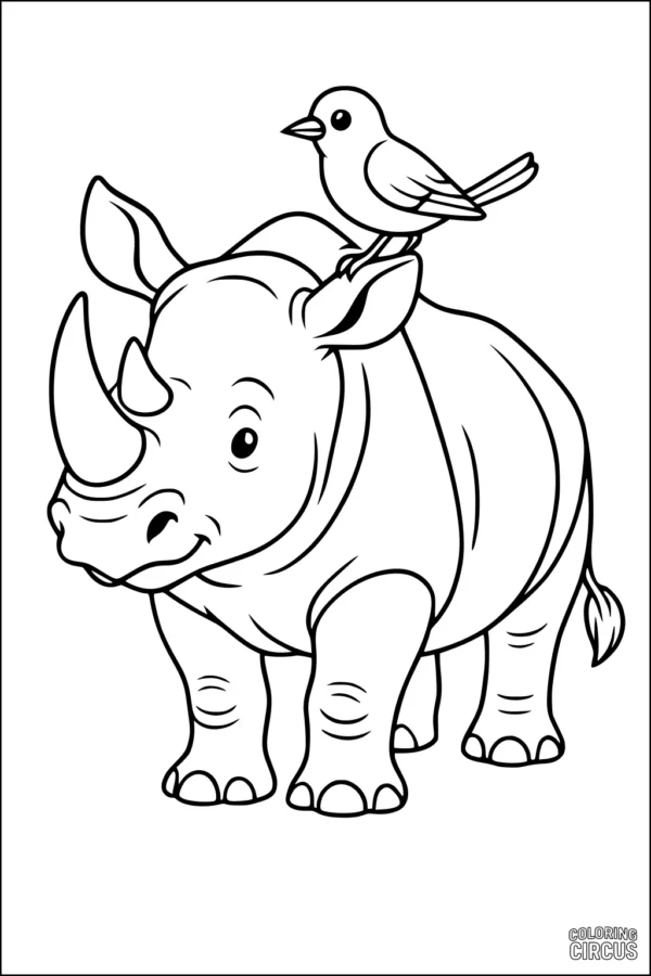 Coloring page of a smiling rhinoceros with a bird sitting on its ear, designed for young children