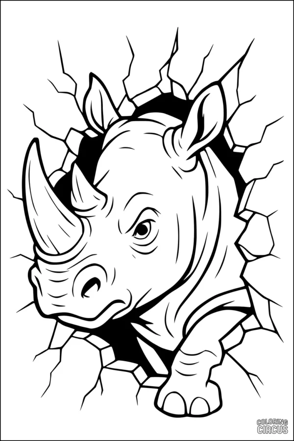 Coloring page showing a rhinoceros breaking through a cracked wall
