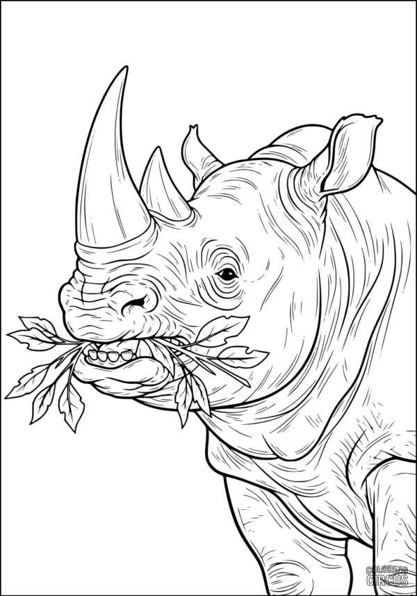 Coloring page detailed rhinoceros eating leaves close-up