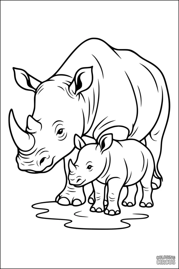 Coloring page showing a mother and baby rhinoceros standing together near a puddle
