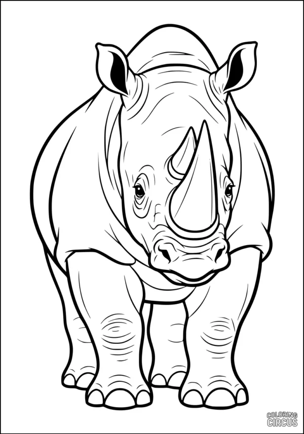 Coloring page rhinoceros standing on grassy savanna, front view illustration