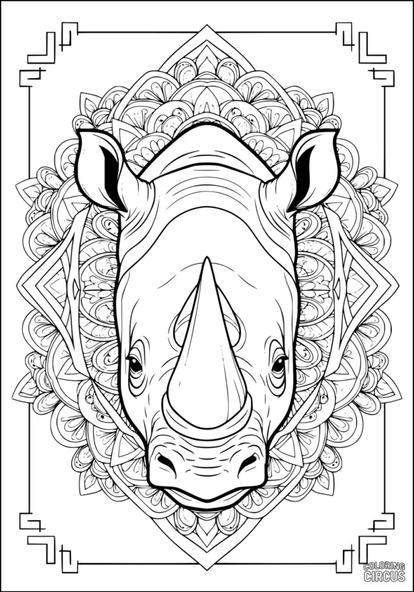 Coloring page featuring a detailed rhinoceros head with an intricate mandala pattern background