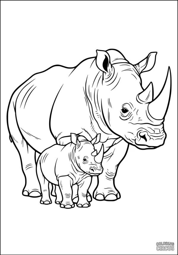Coloring page showing a mother rhinoceros and her calf standing together