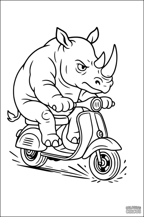 Coloring page of a cartoon rhinoceros riding a scooter at high speed