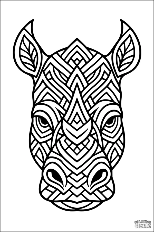Coloring page featuring a detailed geometric mosaic rhinoceros head for kids and adults