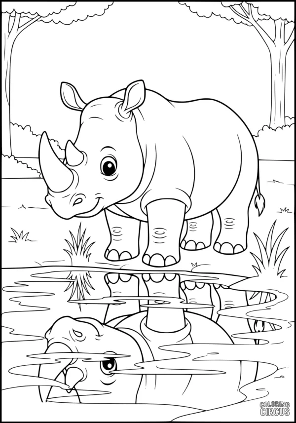 Coloring page of a cartoon rhinoceros looking at its reflection in a pond, set in a forest scene