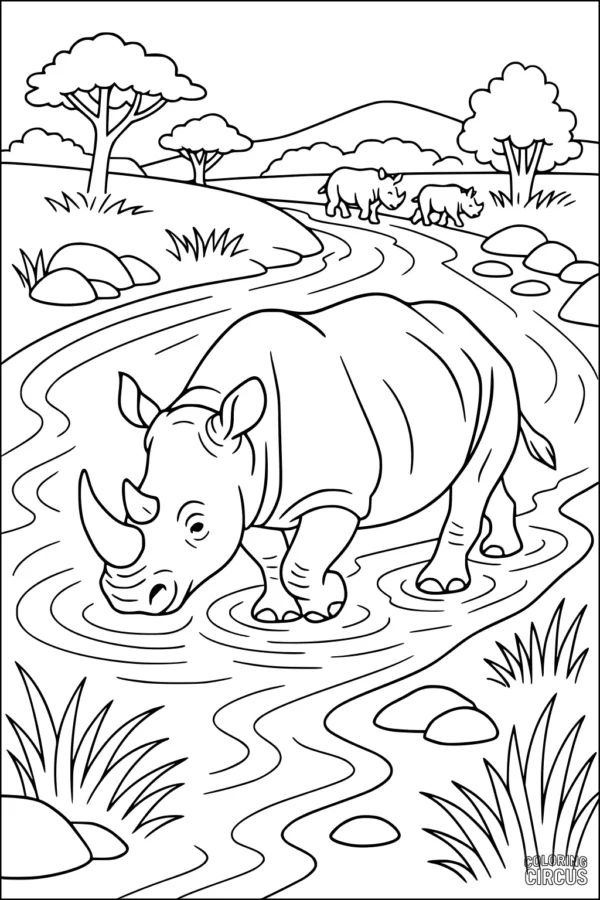 Coloring page showing a rhinoceros drinking from a river with trees, grass, and distant rhinos in the background.