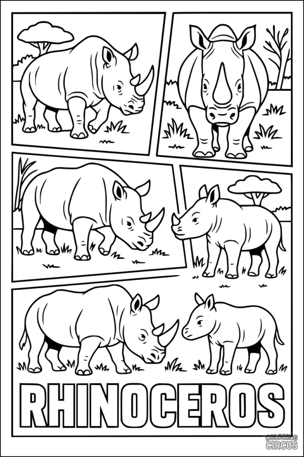Coloring page with multiple rhinoceroses in a savanna scene, including adult and young rhinos