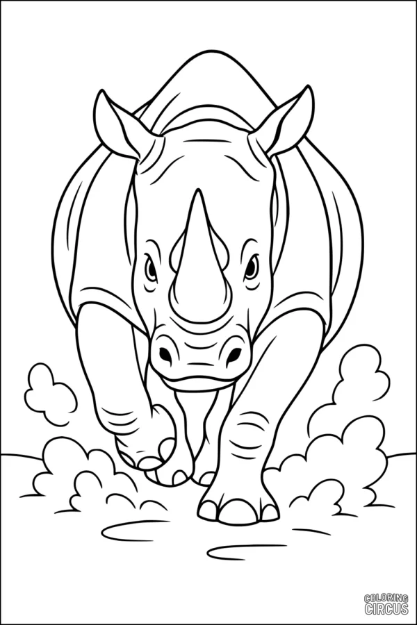 Coloring page with a running rhinoceros kicking up dust