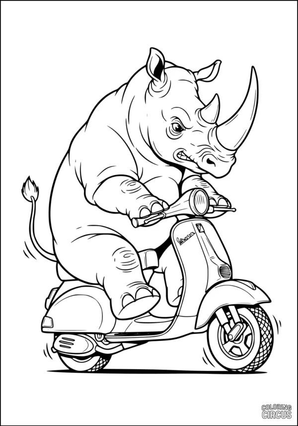 Coloring page featuring a rhinoceros riding a scooter with playful expression