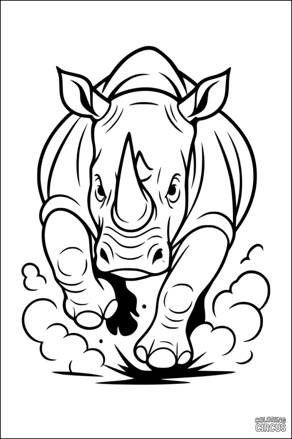 Coloring page showing a powerful rhinoceros charging forward with dust
