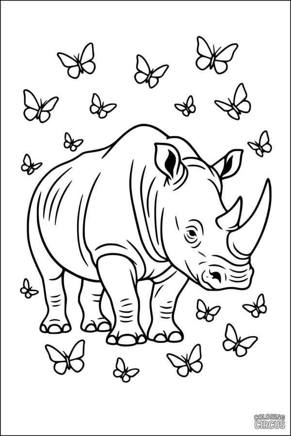 Coloring page with a friendly rhinoceros surrounded by butterflies