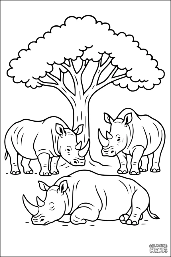 Coloring page with three rhinoceroses and a large tree in an African savanna setting