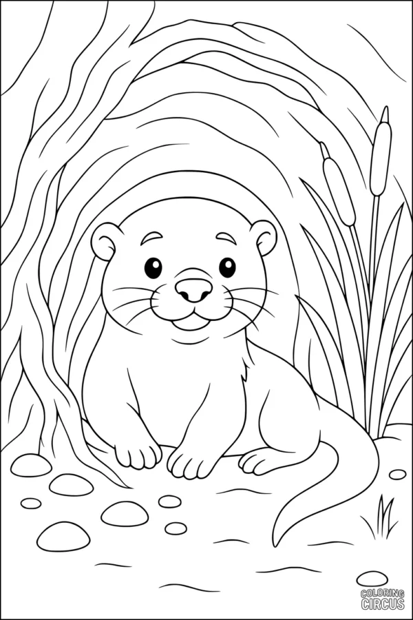 Coloring page of a cute otter sitting by a riverbank den with cattails and stones