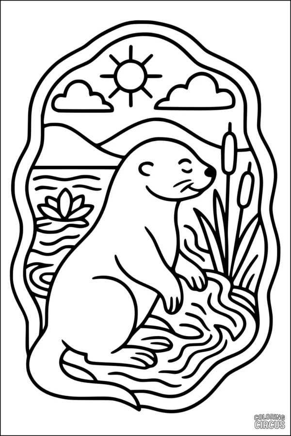 Coloring page featuring a cute otter sitting by a river with cattails, a lily pad, sunny sky, and gentle mountains in the background