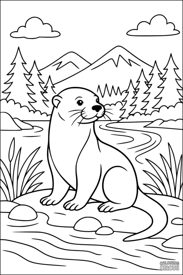 Coloring page featuring a cute otter sitting near a river in a forest with mountains and clouds in the background.