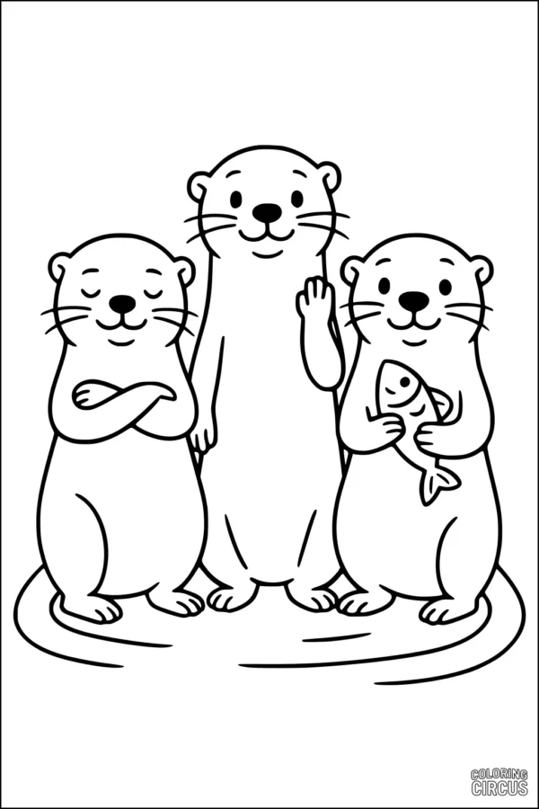 Coloring page of three cute otters standing together, one holding a fish