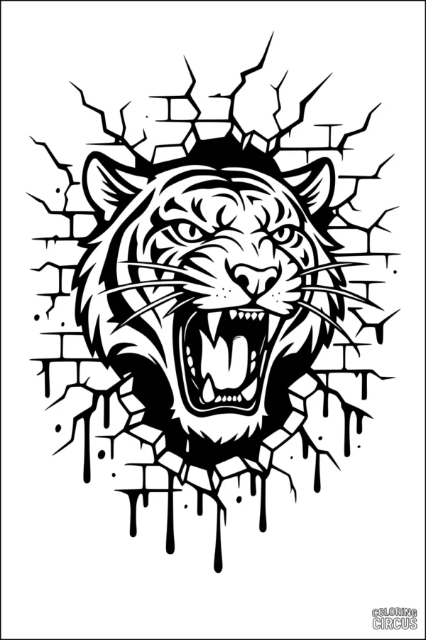 Coloring page of a roaring tiger breaking through a brick wall, with dramatic expression and details