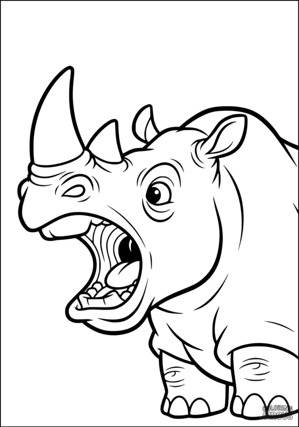 Coloring page showing a cartoon rhinoceros yawning with mouth wide open