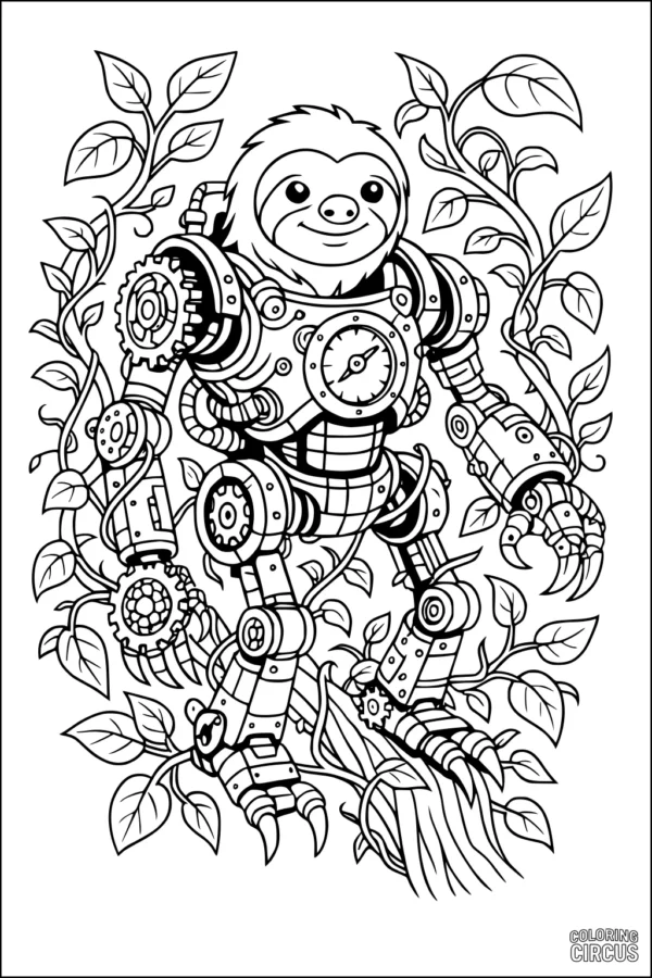 Coloring page of a sloth in a detailed robotic suit surrounded by leafy jungle vines
