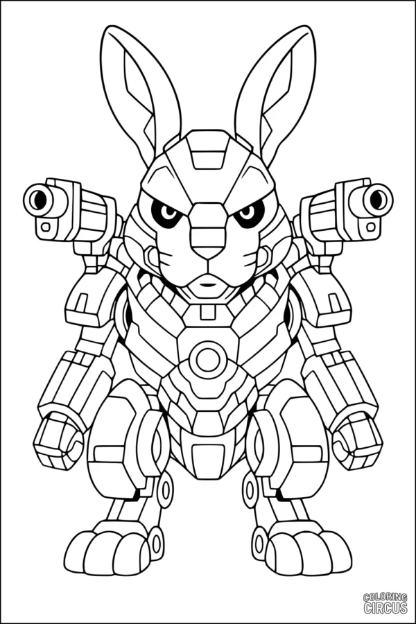 Coloring page of a detailed robotic rabbit with armor and tech features