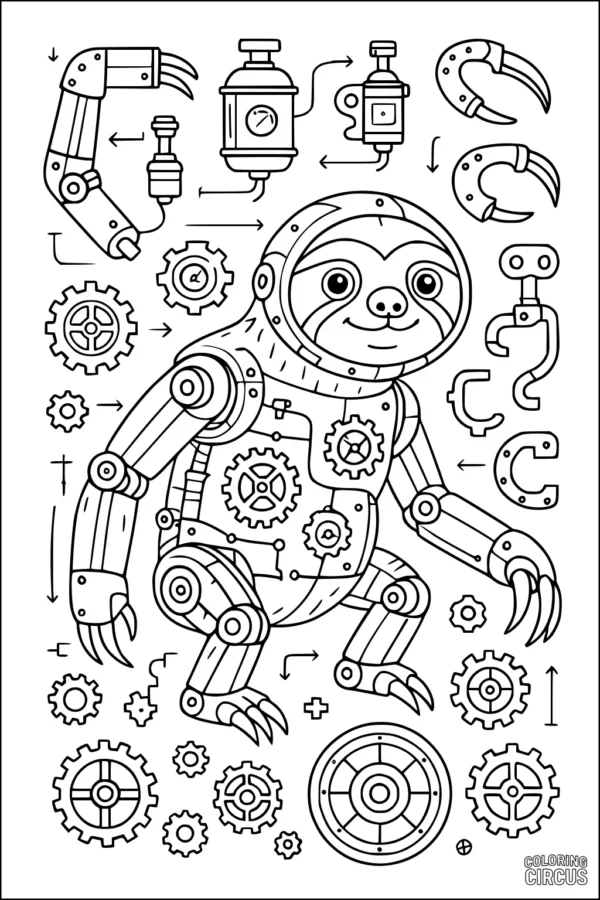 Coloring page of a robotic sloth with mechanical parts, gears, and assembly diagrams