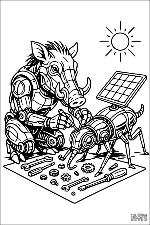 Coloring page of a robotic warthog building a solar-powered robot ant under the sun with tools and gears