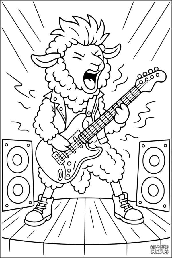 Coloring page sheep playing electric guitar on stage with speakers