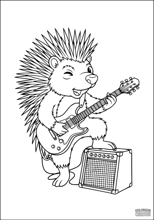 Coloring page of a cartoon porcupine playing electric guitar on an amplifier